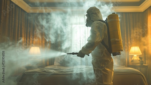 An anonymous pest control professional donning a safety gear squirts insecticide in the bedroom. photo