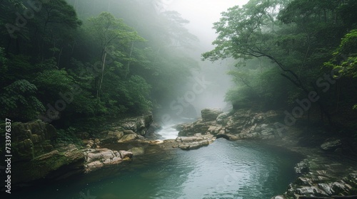 beautiful landscape with wild forest and river with fog © Manzoor