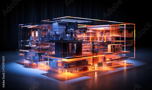 Illuminated Architectural Blueprint of a Modern Building Design with Transparent Layers and Light Effects, Concept of Construction Planning