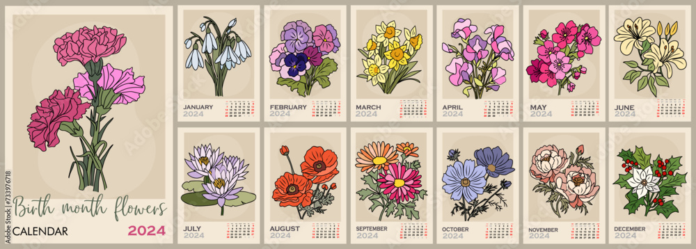 Floral calendar template for 2024 . Vertical design with birth month flowers. Vector illustration page template A3, A2 for printable wall monthly calendar. Week starts on Monday. - obrazy, fototapety, plakaty 