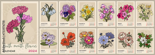 Floral calendar template for 2024 . Vertical design with birth month flowers. Vector illustration page template A3, A2 for printable wall monthly calendar. Week starts on Monday. photo