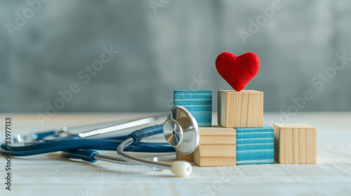 Wooden cubes with a blue health icon and Red heart and stethoscope on a white table, health insurance, love, support, International Cardiology Day.World Heart Day.World Health Day  photo