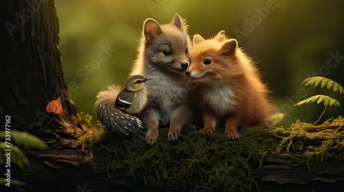 A charismatic critters background, showcasing the bonds between animals and their endearing interactions in nature background Ai Generative © SK