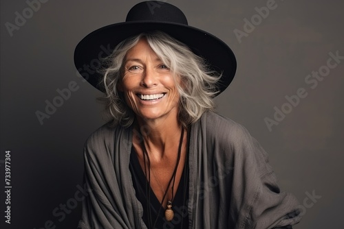 Portrait of a beautiful senior woman with hat smiling at the camera.