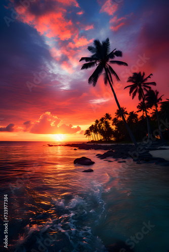Beautiful sunset on the beach with palm trees in the foreground.