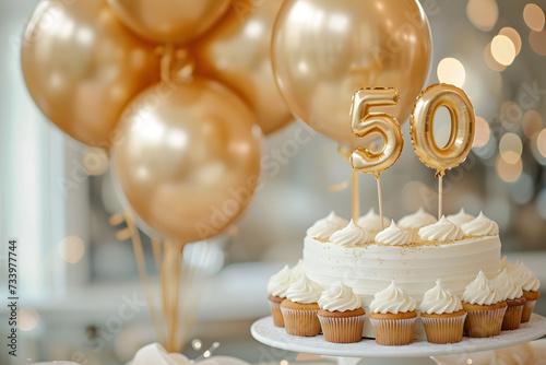Background for a 50 years birthday anniversary, cake with golden numbers and balloons photo