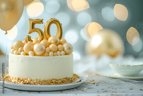 Background for a 50 years birthday anniversary, cake with golden numbers and balloons photo