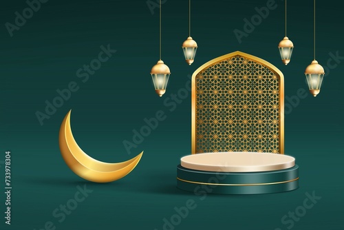 Realistic ramadan kareem display podium background with golden lamp and crescent moon. 3d product display podium green and gold themed islamic