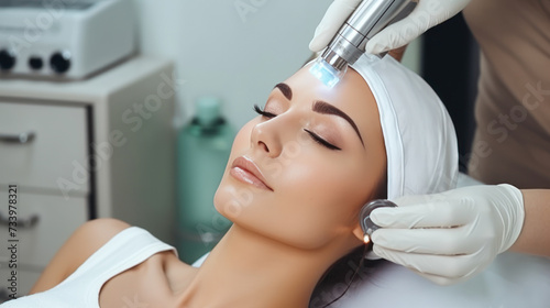 Facial skin care. Close-up of a woman receiving hydro microdermabrasion facial peeling at a cosmetic spa clinic. Vacuum cleaner Hydra. Exfoliation, rejuvenation and hydration. Cosmetology.