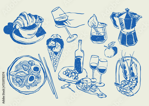Abstract boho style food and beverages vector illustrations for your wall art gallery, logo design, wallpaper	