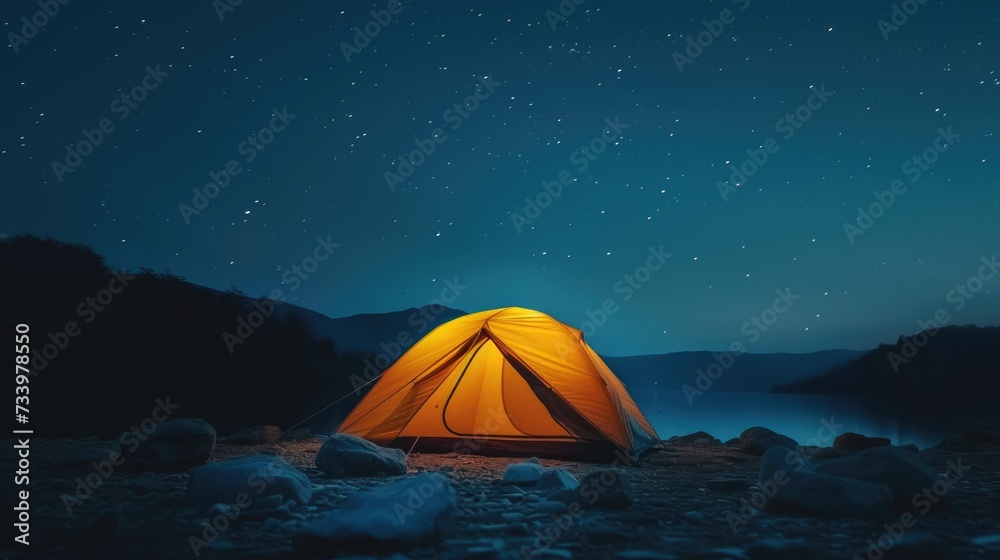Glowing tent under a starry sky in the wilderness adventure camping