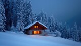 Cozy winter scene cabin by snow-covered trees warm light within