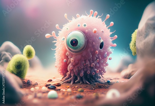 Join adventure with curious little amoeba and explore world of microorganisms. cute children creature, AI generation. Generative AI photo