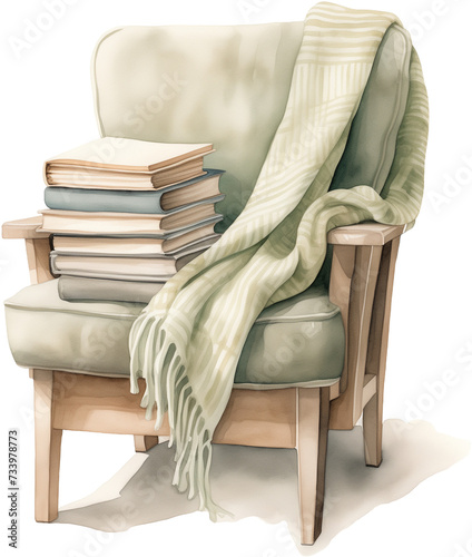 Wooden armchair with green blanket and a pile of books. Generative AI.