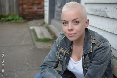 woman with shaved bald blond bleached hair wearing denim jacket sitting on stoop outside weatherboard house