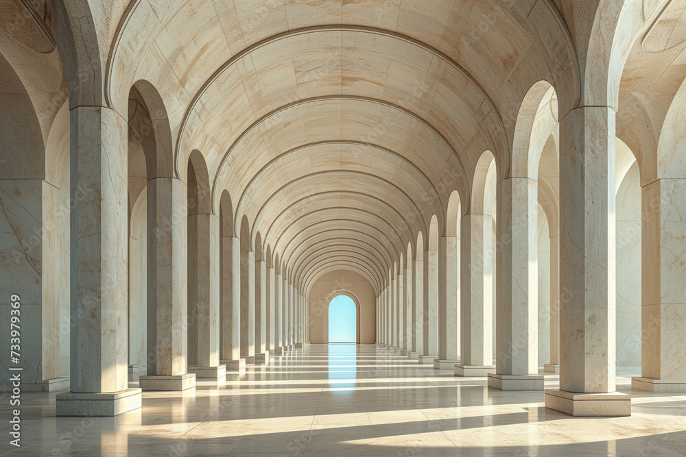 Arched hallway. Detail of a modern building inspired by renaissance architecture. Background image. Created with Generative AI technology