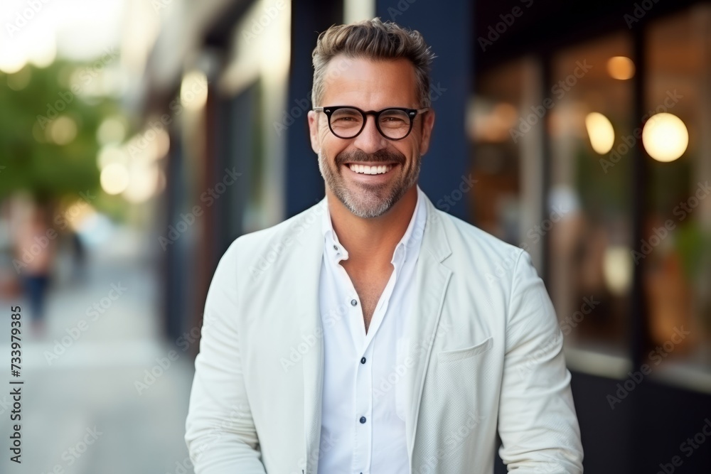 Portrait of a handsome man with eyeglasses standing in the street Portrait of a handsome man with eyeglasses standing in the street