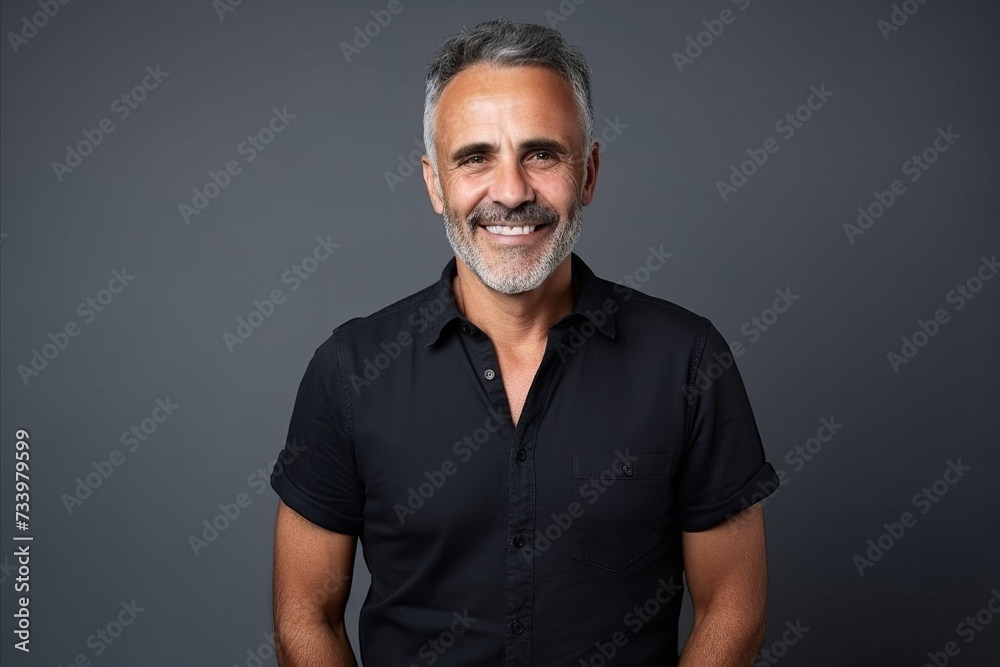 Portrait of a handsome middle-aged man smiling against grey background