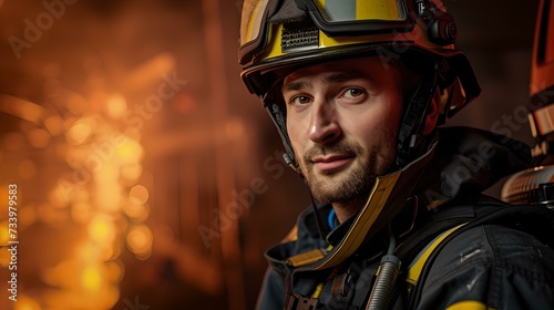 Brave firefighter in gear posing confidently against fiery backdrop. professional, courage, emergency response concept. AI
