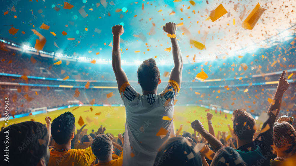 Fan is cheering for team victory standing up and rising his hands ...