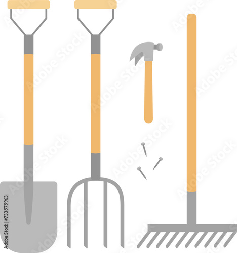 Vector clipart with gardening tools. Shovel, pitchfork, rake, hammer and nails