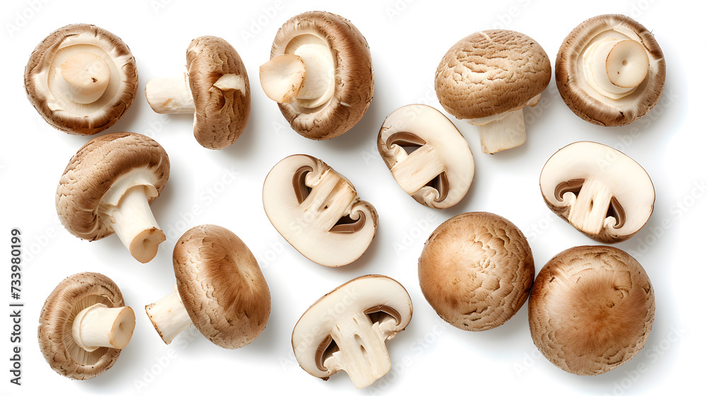 Set of fresh whole and sliced champignon mushrooms isolated on white background. Top view Set of fresh whole and sliced champignon mushrooms isolated on white background. Top view