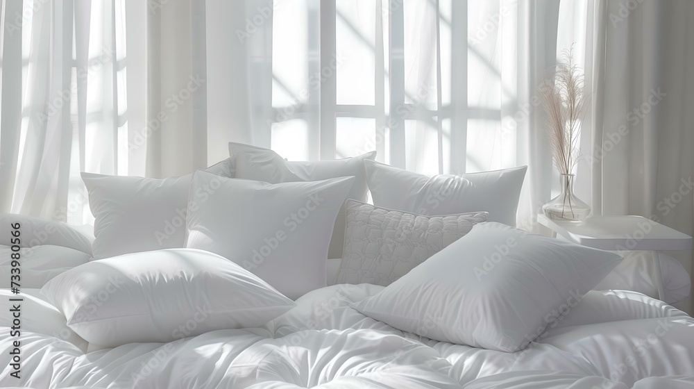 Serene and stylish white bedroom interior with plush pillows and natural light. perfect for relaxing or design inspiration. modern and clean aesthetic. AI