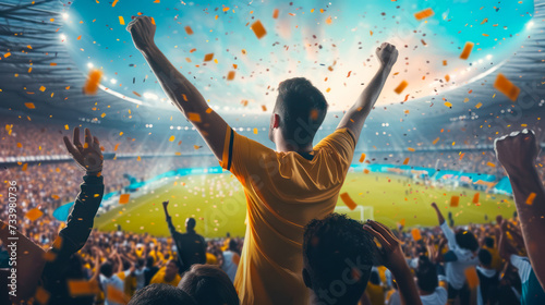 Victory and Support concept. Back view of football, soccer fan cheering his team standing up and rising his hands at crowded stadium. Concept of sport, cup, world, team, event, competition.