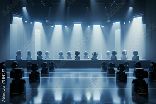 A 3d render of futuristic robots on a stage.
