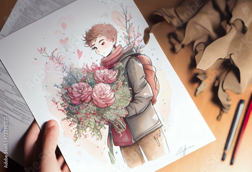 à la Saint-Valentin, un petit garçon attend son amoureuse avec des un bouquet de fleurs, dessin aquarelle kawaii, IA générative. Generative AI photo