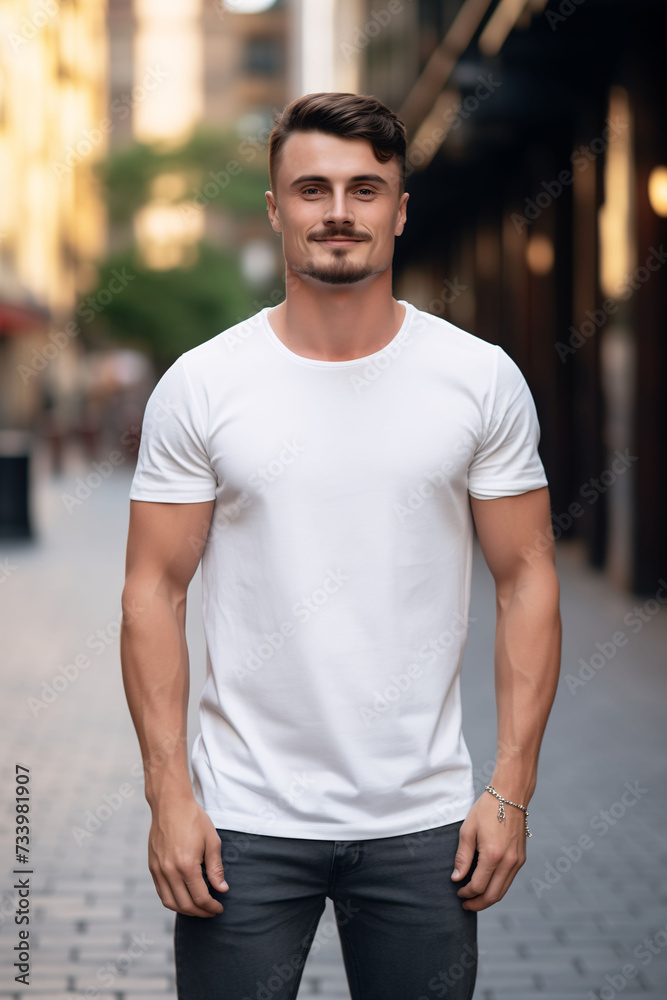 Plain white t-shirt mockup design. Portrait of men on urban background. Front view.