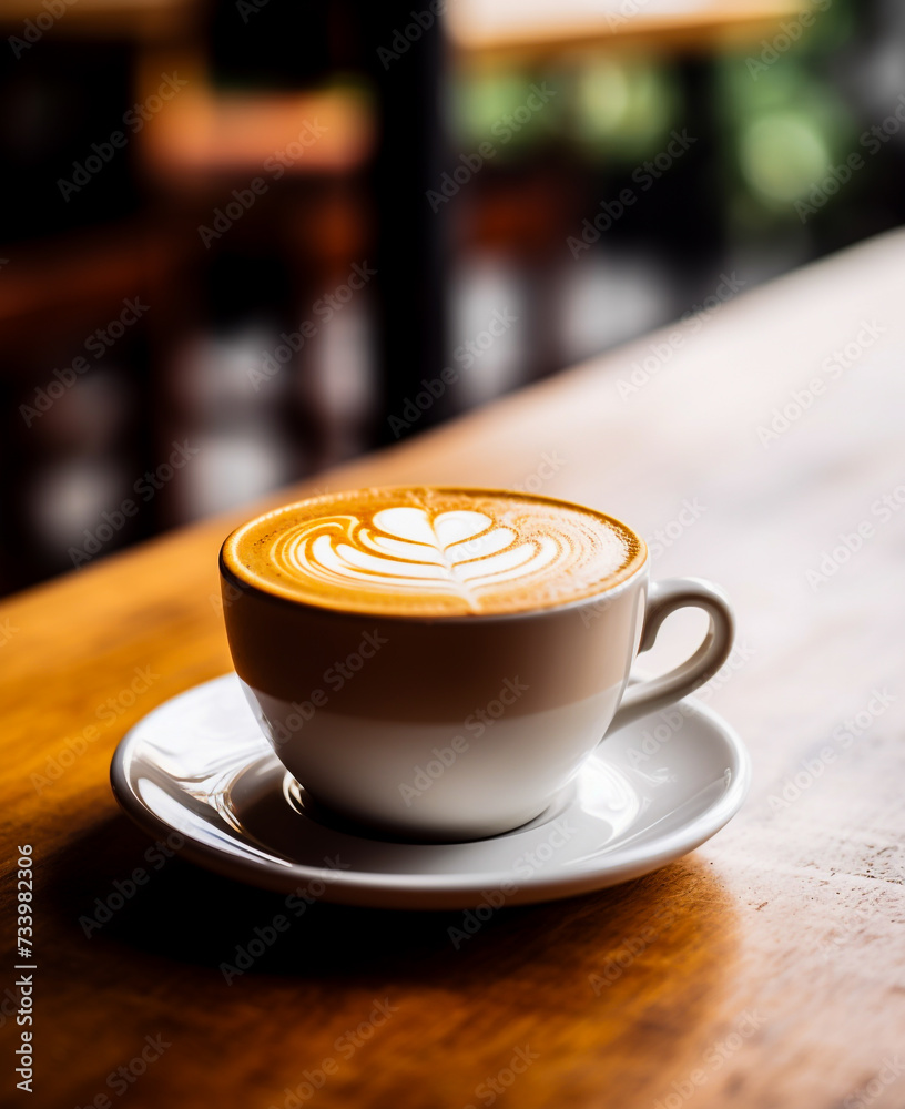 Coffee and sunlight in the morning. cup of cappuccino in white glass on a wooden table.