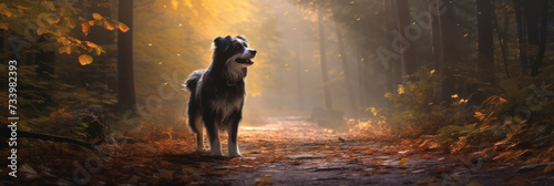 realistic dog with bushy tail and black ears, walking on a dirt path through a forest with tall trees and colorful leaves, with rays of sunlight and mist creating magical atmosphere