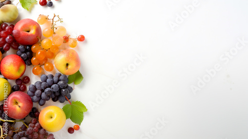 Variety of fruits  including grapes  apples  pears  and strawberries  arranged on a white background. Space for text.