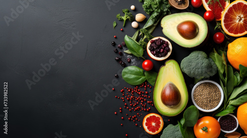 Different vegetables, seeds and fruits on grey table, flat lay. Healthy diet