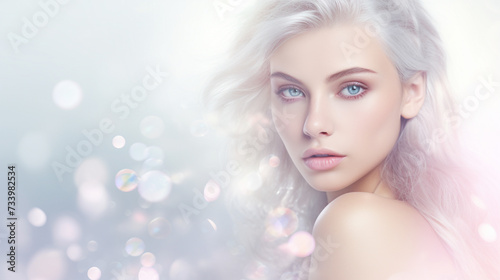 Radiant young woman with flawless skin smiles softly. Dreamy background blurs with sparkling bokeh. Perfect for web design, product showcases, cosmetics & skincare promotions. © toodlingstudio