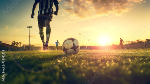 Sportsman wrapped up in playing soccer, spacious football pitch illuminated with sunbeams on the background. Close up. Player hits the ball with his foot on the football field at sunset photo