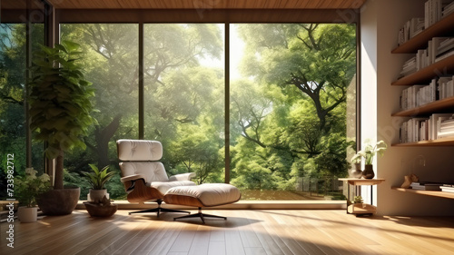 Modern interior space with nature view large window look out to see the garden view,sunlight shining into the room