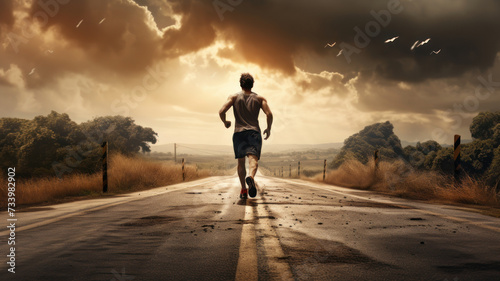 young man runner start running on road