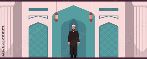 Mullah, Imam or Mufti in the mosque, vector Islamic religion, Ramadan Kareem prayer, Muslim culture and interior