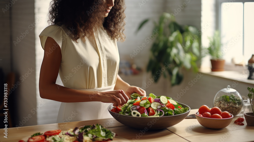 Beautiful Smiling Woman Eating Fresh Organic Vegetarian Salad In Modern Kitchen