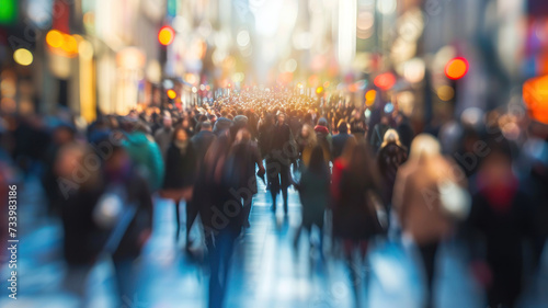 Blurred and Unrecognizable Crowd in a Busy Urban Street Scene, Capturing the Hustle and Bustle of City night Life