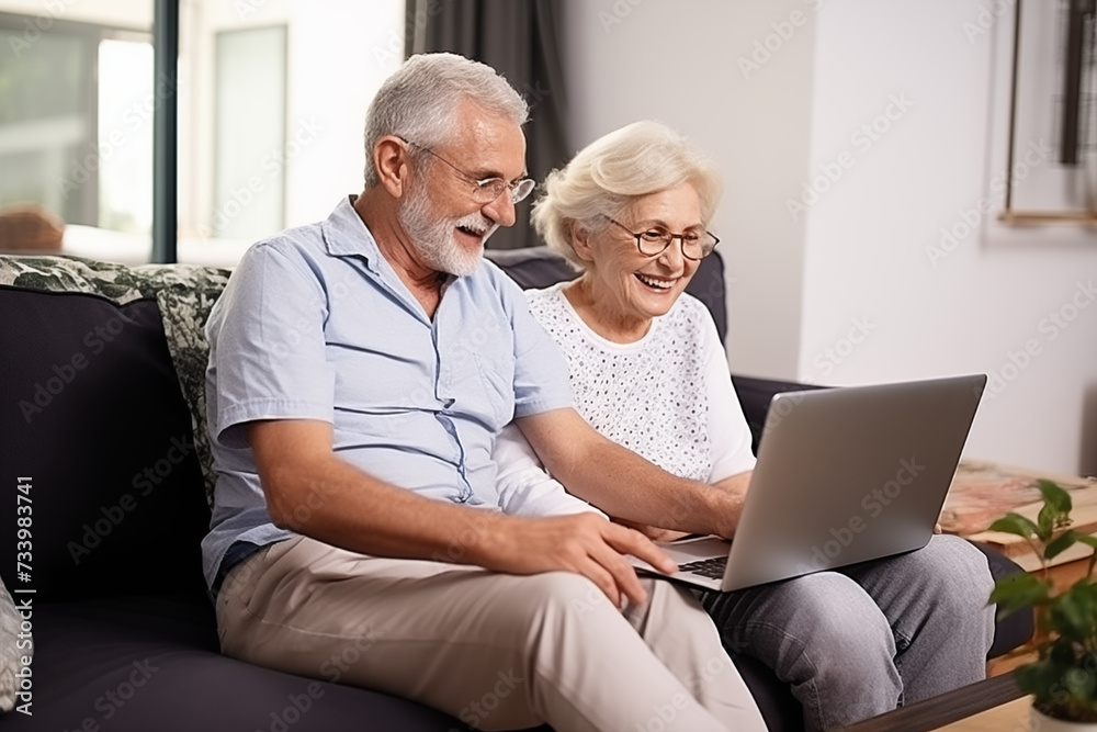 Positive retired senior husband and wife using online application on laptop, relaxing on home couch together, enjoying wireless Internet communication, family video call talk