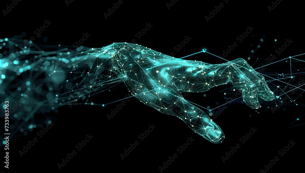 Digital hand reaching out in cyberspace, concept of virtual reality and AI integration. futuristic interface design element. cybernetic organism. AI