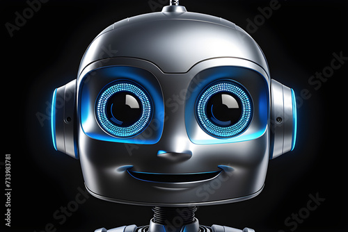 Emoji-style friendly AI robot face beams with approachable sentiments isolated on a solid black background.