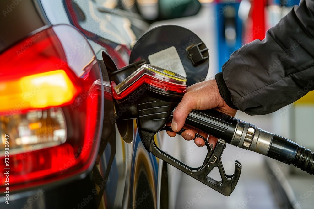 A close up image of a hand filling up a car with gas at a gas station - obrazy, fototapety, plakaty 