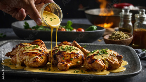 Chicken pieces in a rich blend of yogurt, spices, and creamy butter sauce before being grilled to perfection and highlight the textures and colors of the ingredients as they come together in harmony photo