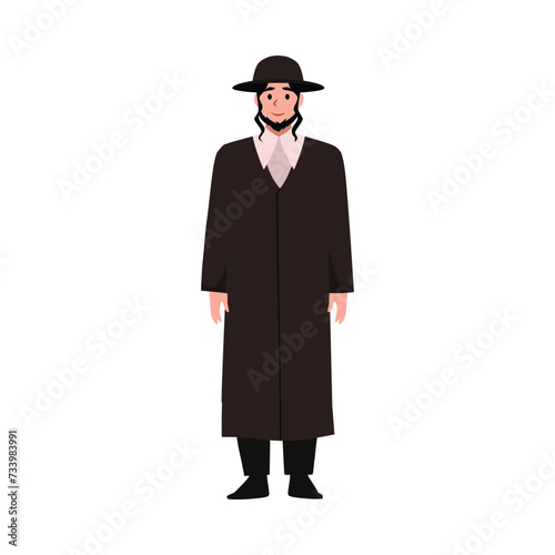 Jewish priest male, vector cartoon religious bearded man in black coat and headdress, Israelite orthodox religion