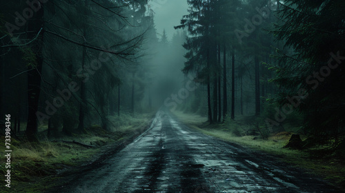 Road in dark forest.