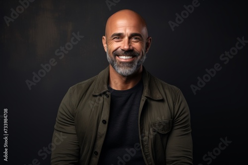 Portrait of a handsome mature man smiling at the camera against a dark background